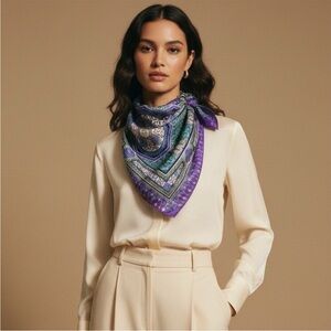 Vintage Oscar de la Renta Silk Square Scarf Geometric Hand Rolled Hem